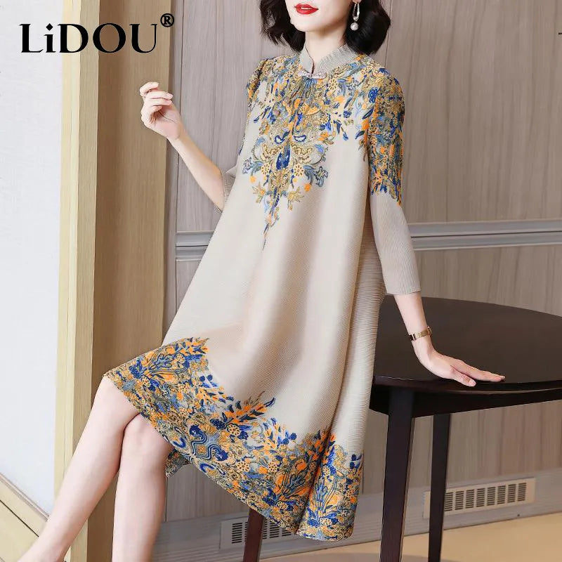 Summer Autumn Overesized Stand Collar Temperament Floral Printing Dress Ladies Elegant Fashion Loose Dresses Robe Femme Vestido