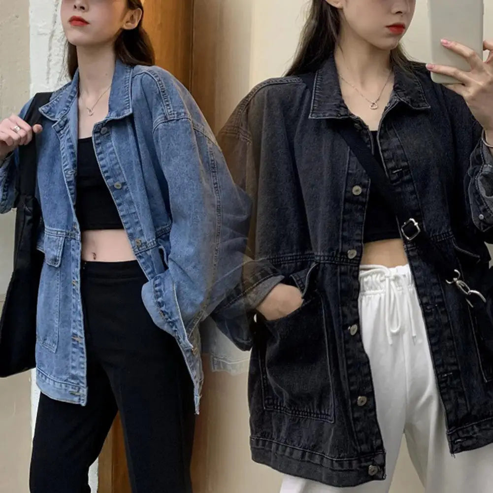 Women Jacket Washed Denim Single-breasted Cardigan Buttons Keep Warm Long Sleeves Turn-down Collar Women Coat Female Clothes