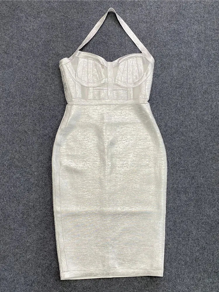 Sexy Summer Coated Bandage Dress Women Neck Hanging Sleeveless Bodycon Backless Mini Dress Celebrity Evening Club Party Vestidos Silver