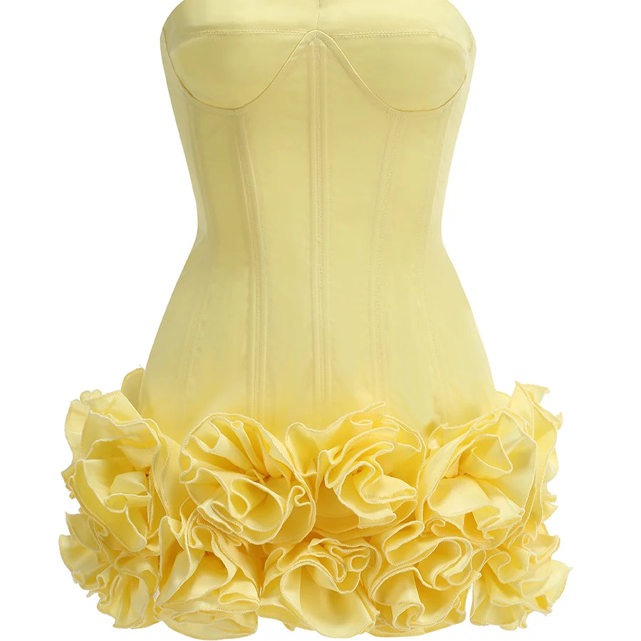 Christmas Dress Strapless Backless Red Structured Floral Embellished Mini Length Bodycon Celebrity Party Cocktail Dress Yellow