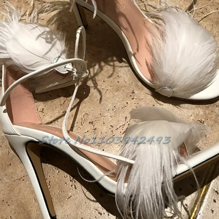 Summer White Sandals Lace Up Shallow Open Toe Banquet Strappy Solid Color Hollow Stiletto High Heel Cover Heel New Arrival Shoes
