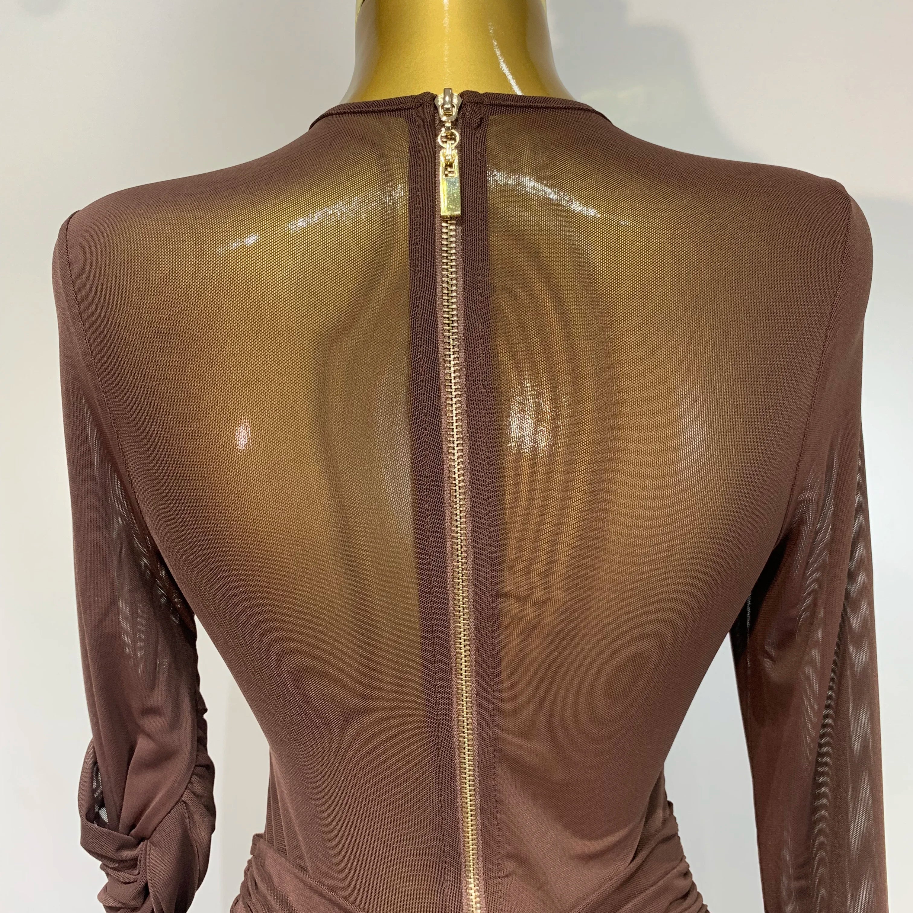 Elegant Brown Mesh Fold Long Sleeve Bodycon Dress Women 2025 Evening Party Club Sexy Perspective Fashion Luxury Birthday Dresses