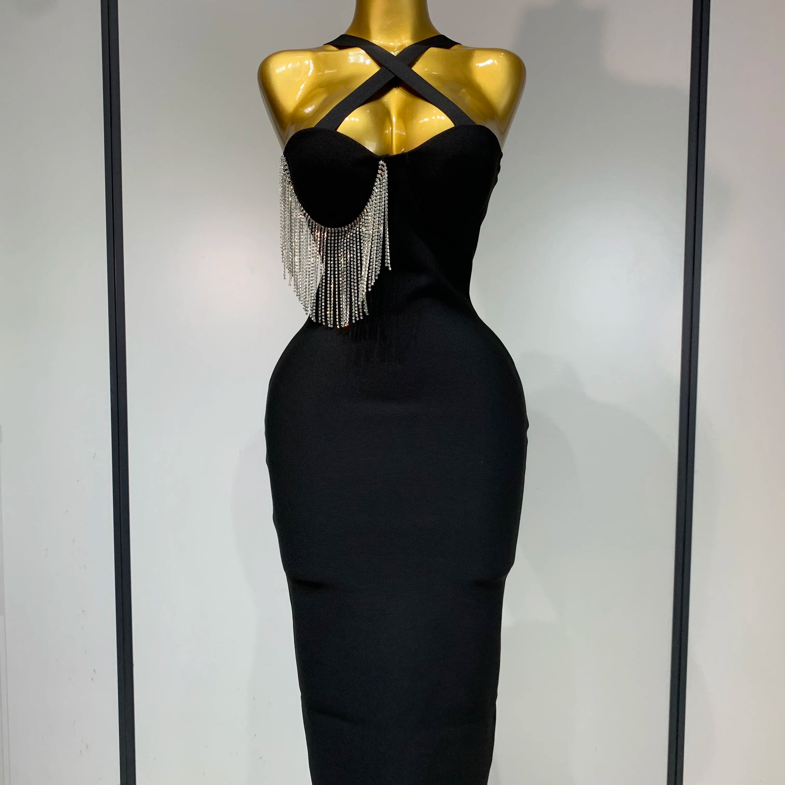 Women Sexy Diamonds Tassel Crystal Midi Black Bodycon Bandage Dress 2025 Elegant Evening Party Luxury Birthday Dresses Vestido black
