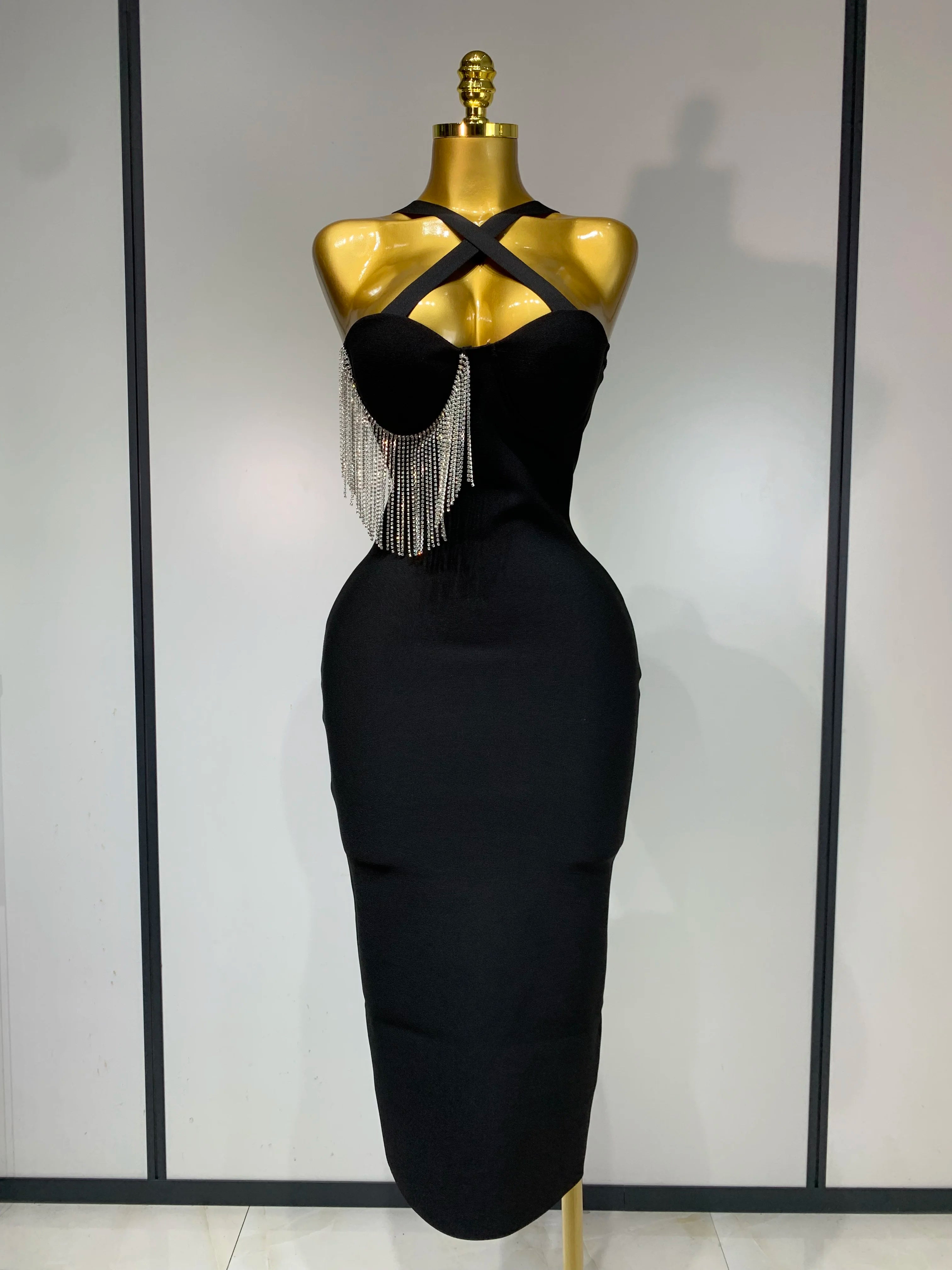 Women Sexy Diamonds Tassel Crystal Midi Black Bodycon Bandage Dress 2025 Elegant Evening Party Luxury Birthday Dresses Vestido black