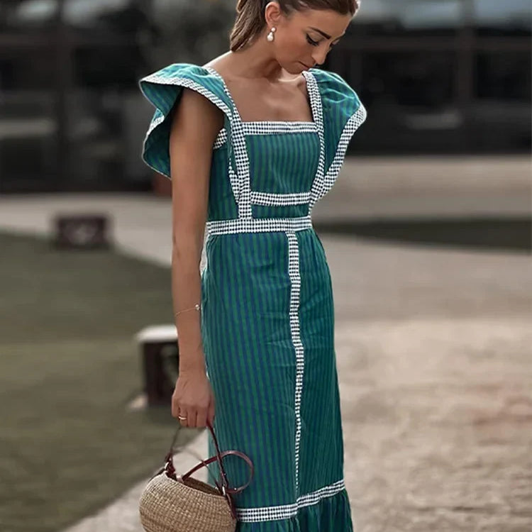 Vintage Plaid Flying Sleeve Shoulder Midi Dress Elegant Spliced Square Collar High Waist Vestidos Spring High Street Female Robe Green