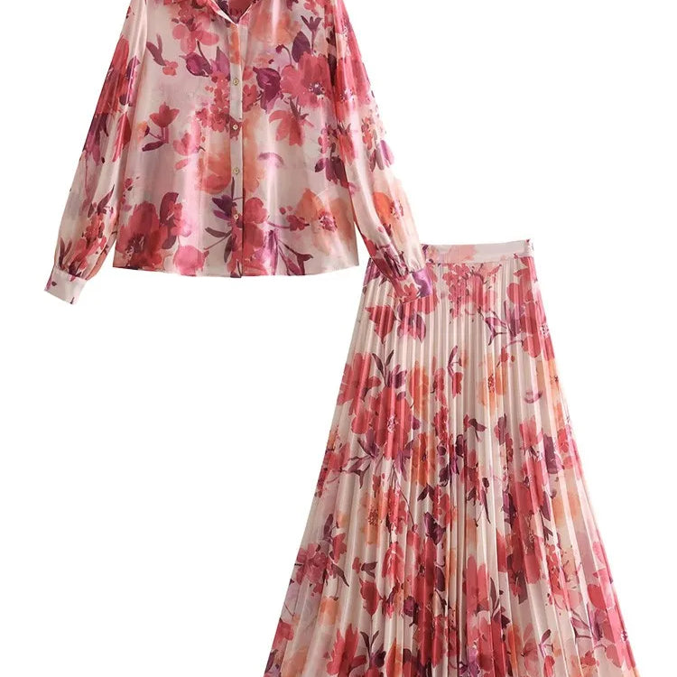 Aonibeier Summer Women Printed Suits Traf Wrist Sleeve V Neck Casual Shirt Female Pleated Maxi Long Skirt Sets Y2K Street Two Piece Sets