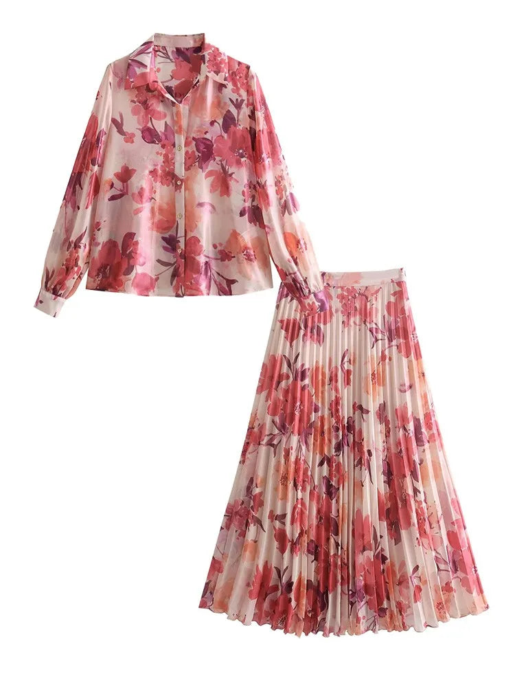 Aonibeier Summer Women Printed Suits Traf Wrist Sleeve V Neck Casual Shirt Female Pleated Maxi Long Skirt Sets Y2K Street Two Piece Sets