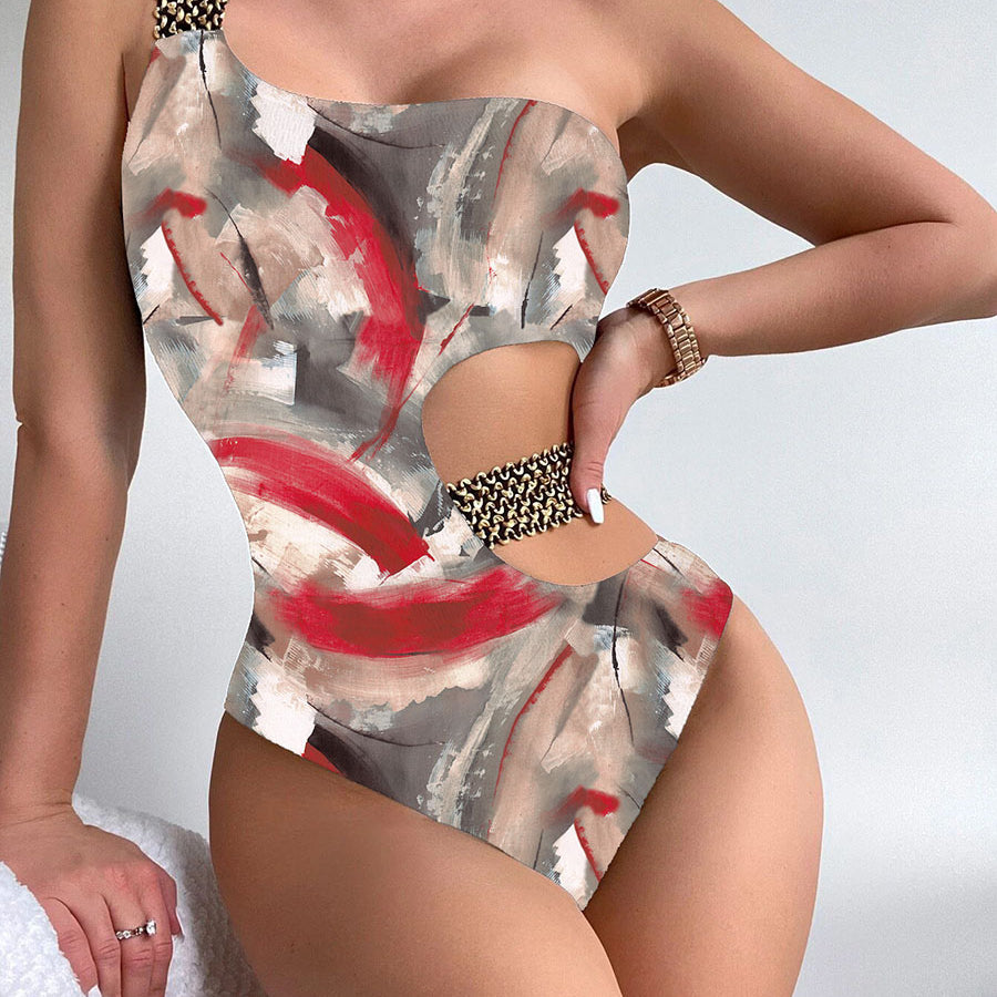 Sexy One Shoulder Strapped Print Swimwear - Push UP High Cut One Piece Swimsuit Monokini Backless Bathing Suit 7521 NO 2
