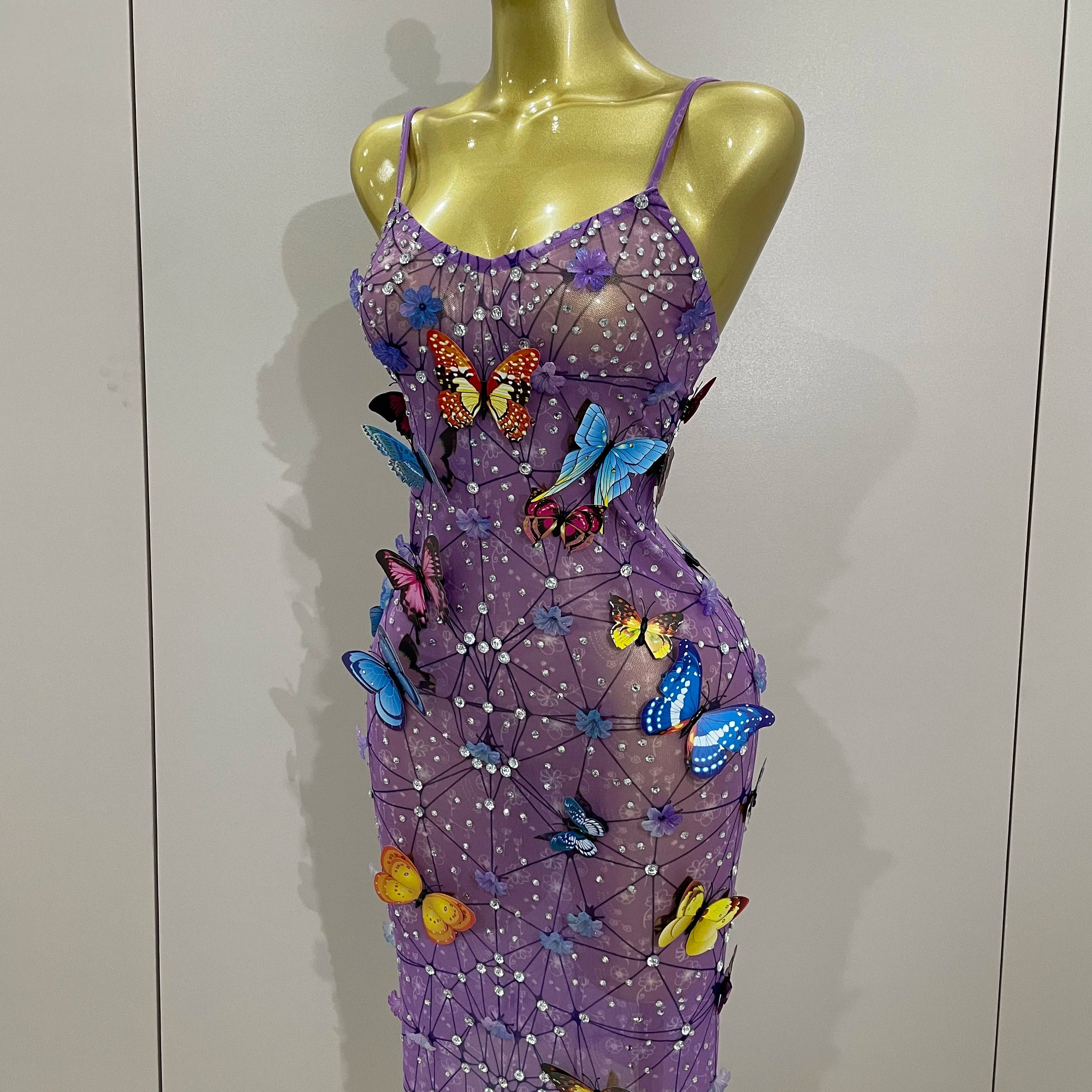 Women Celebrity Luxury Birthday Nightclub Stage Outfit 2025 Sparkly Butterfly Purple Sexy Mesh See Through Dress