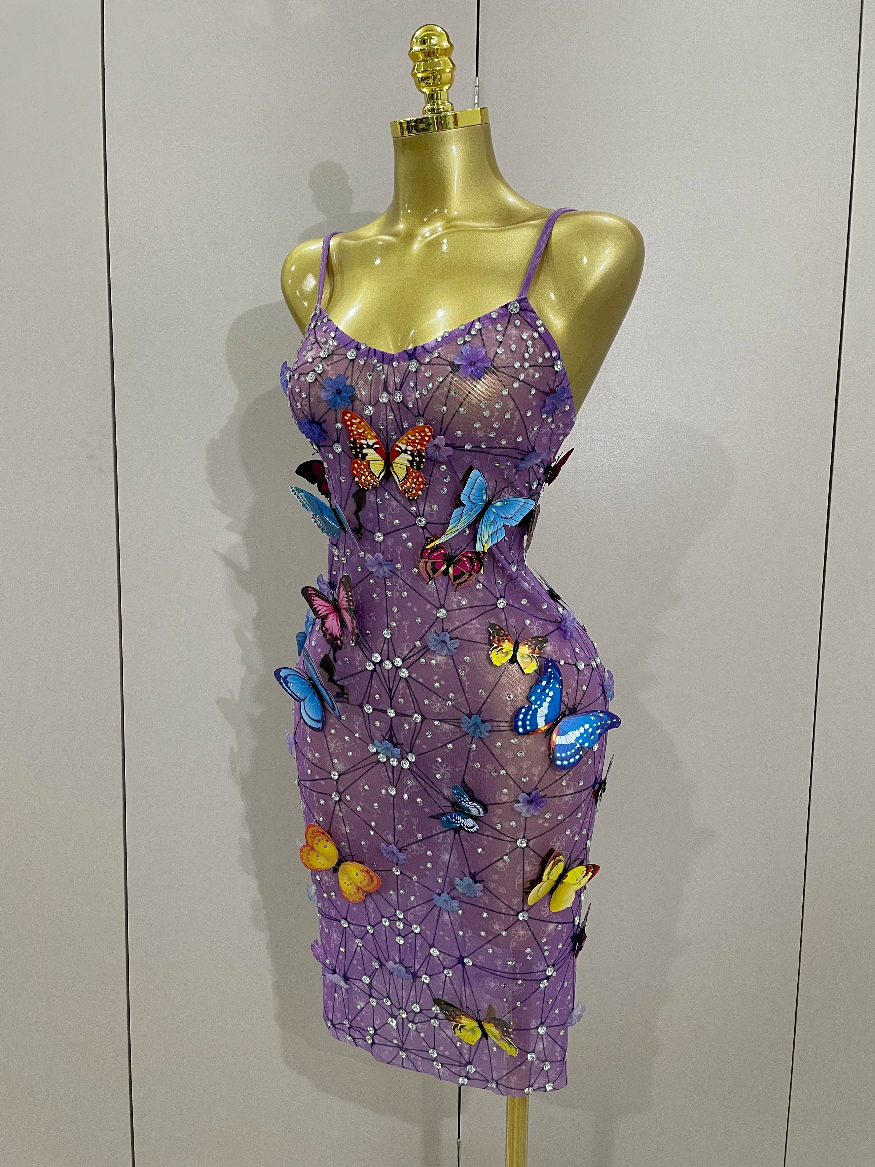 Women Celebrity Luxury Birthday Nightclub Stage Outfit 2025 Sparkly Butterfly Purple Sexy Mesh See Through Dress