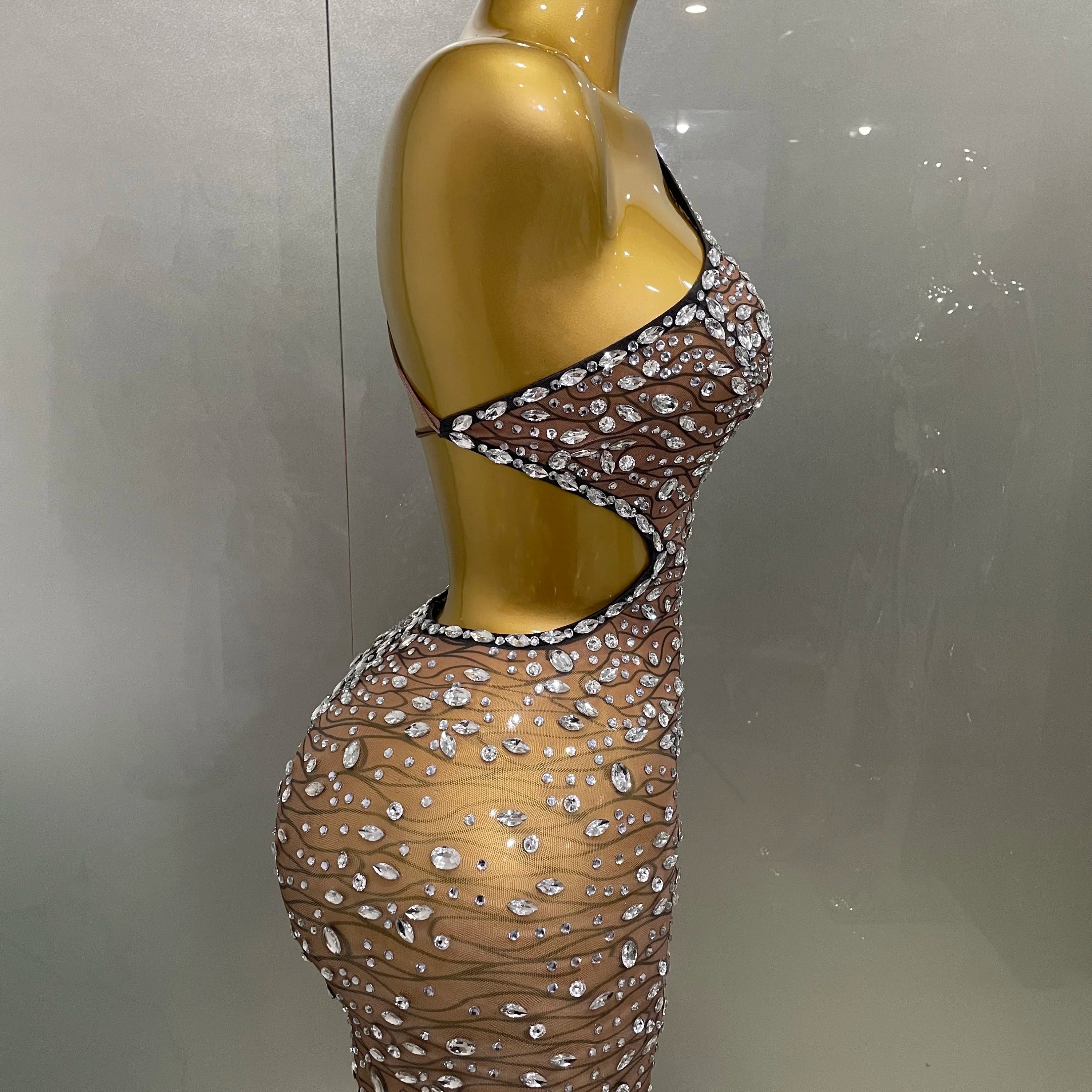 2025 New Sexy Shiny Diamond Hollow Out Backless Short Dress Women Evening Celebrate Prom Birthday Party Nightclub Stage Costume