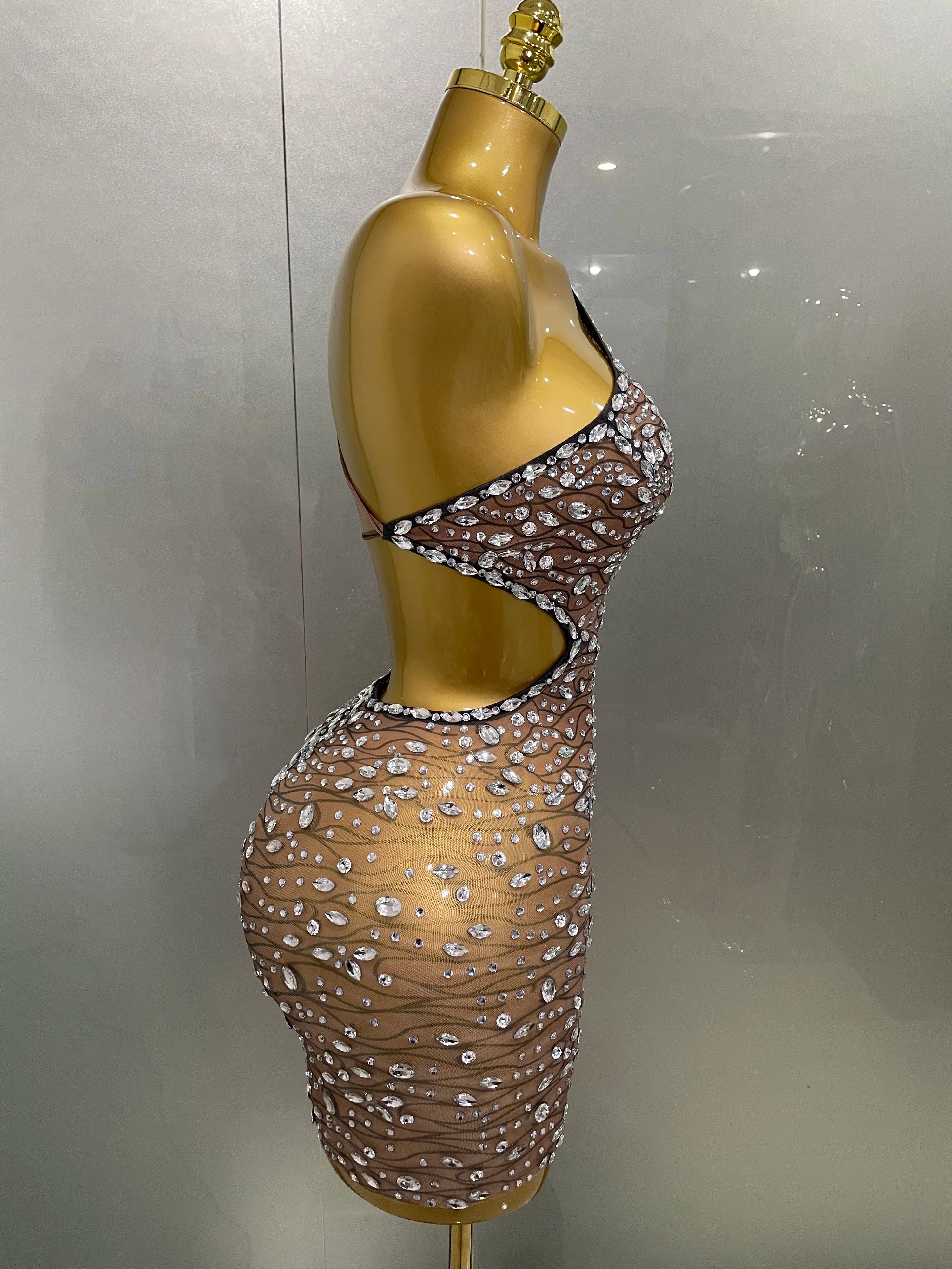 2025 New Sexy Shiny Diamond Hollow Out Backless Short Dress Women Evening Celebrate Prom Birthday Party Nightclub Stage Costume