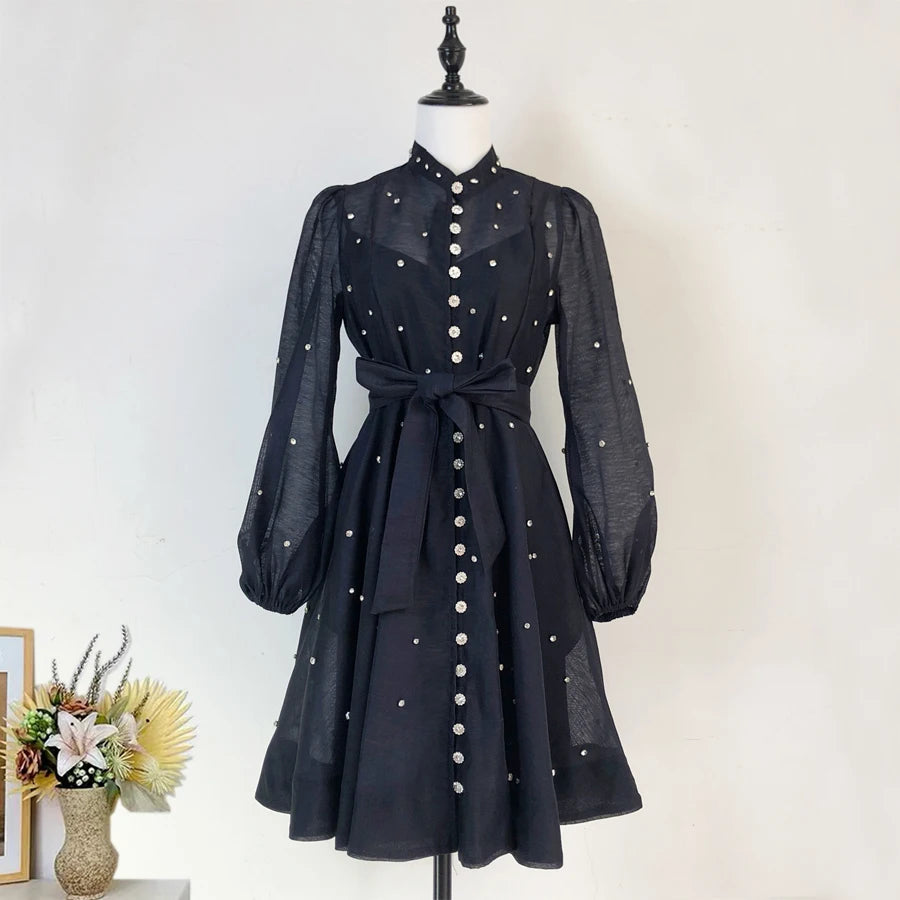 French Luxury Crystal Beaded Wedding Prom Mesh Dress Women Stand Long Lantern Sleeve Diamond Buttons Belt Lace Up Mini Vestidos black