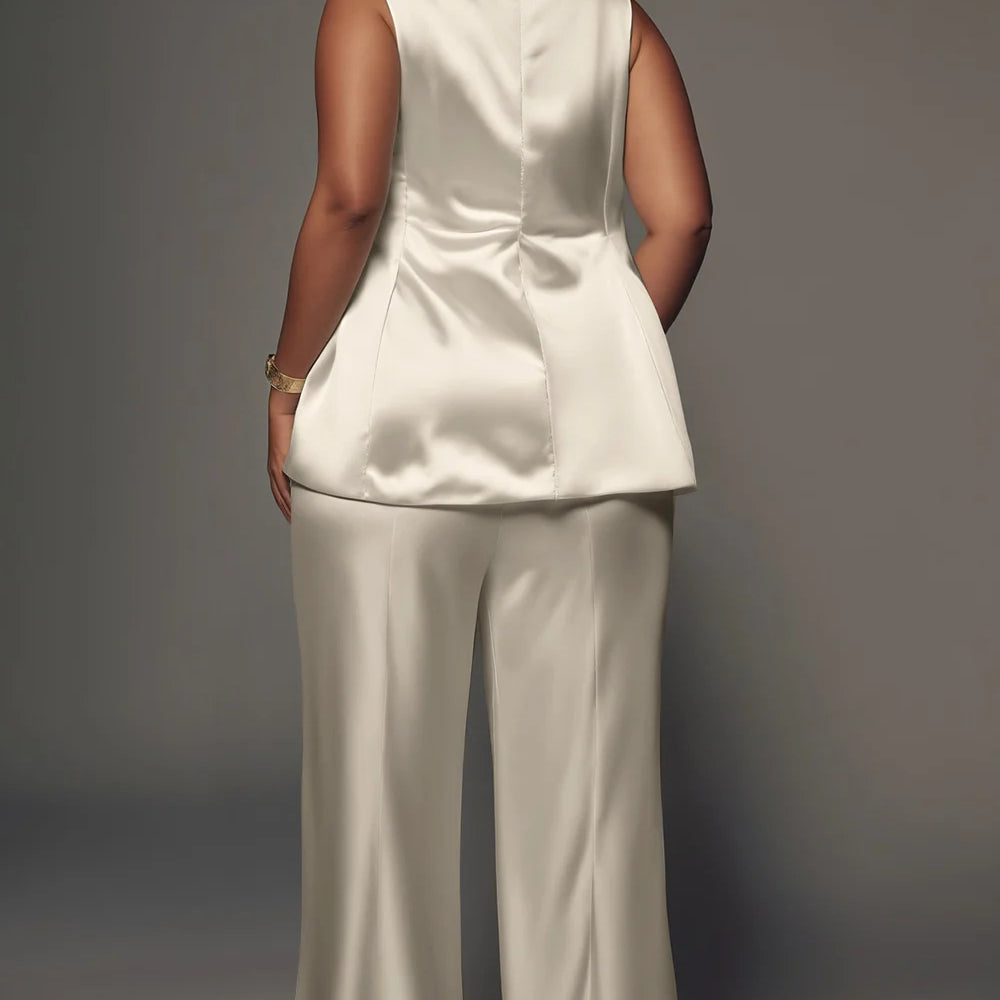 Plus Size Business Casual White Lapel Collar Pocket Wide Leg Satin Two Piece Pant Suits