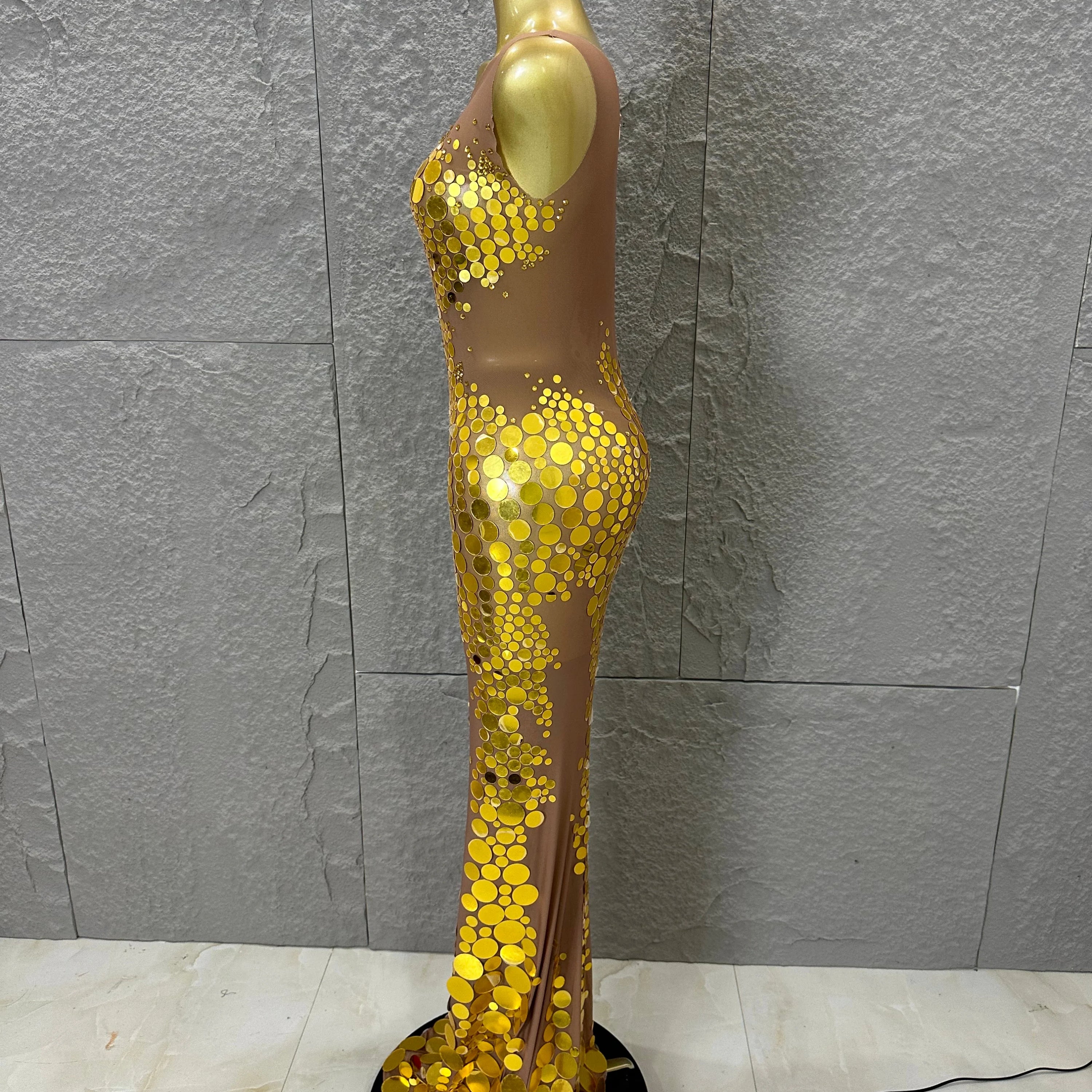 Opulent Nude Sleeveless Women Gold Sequin Dot Embellished Bodycon Stage Performance Costume Formal Event Party Costume