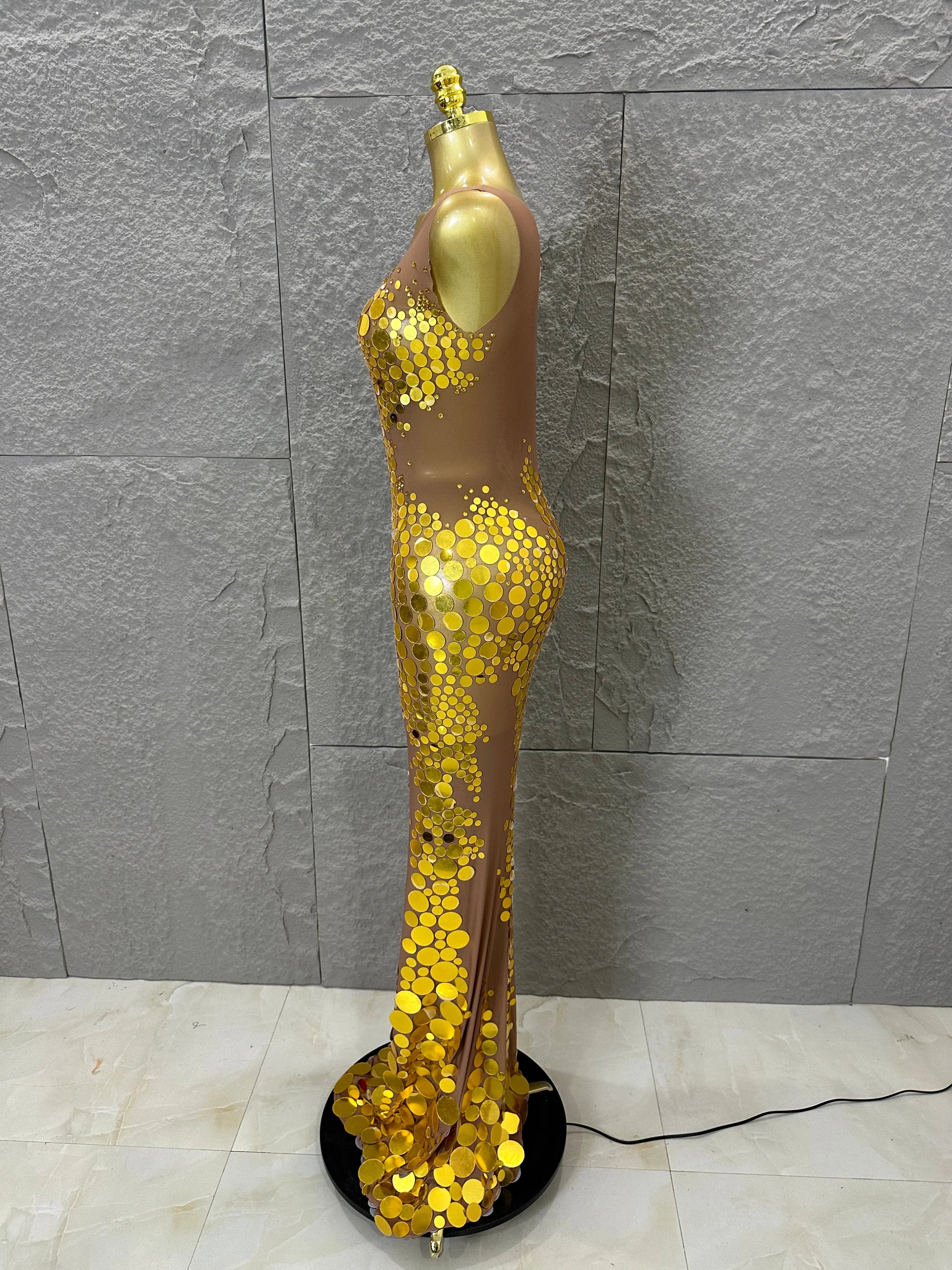 Opulent Nude Sleeveless Women Gold Sequin Dot Embellished Bodycon Stage Performance Costume Formal Event Party Costume