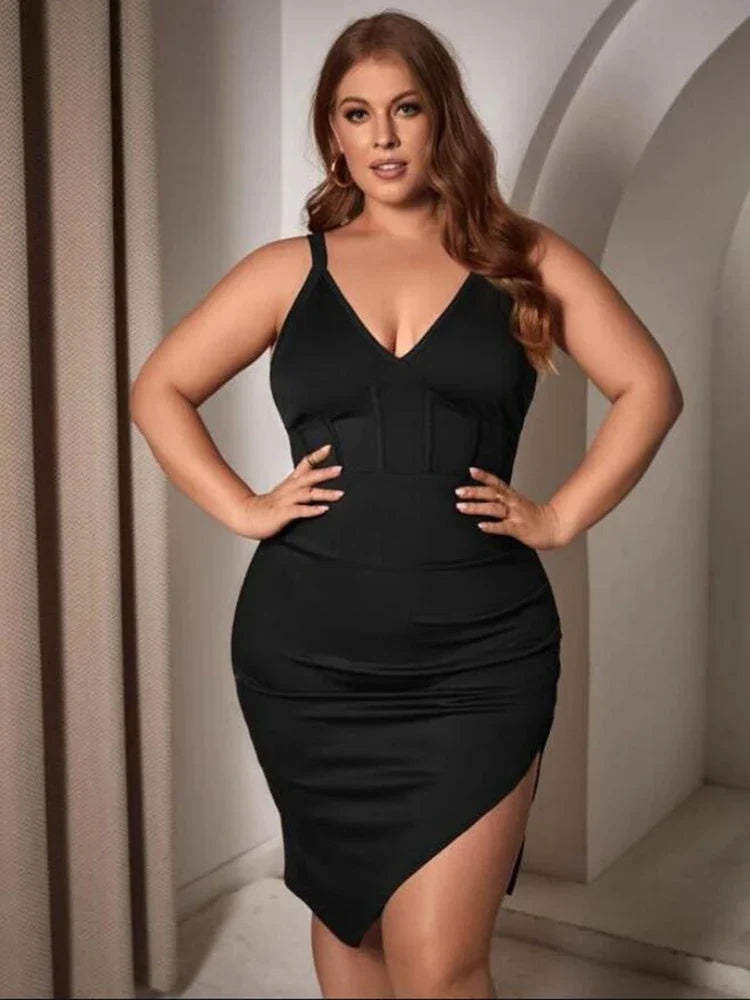 Plus Asymmetrical Hem Cami Dress Plus Size Women Dresses L XL 2XL 3XL 4XL Size black