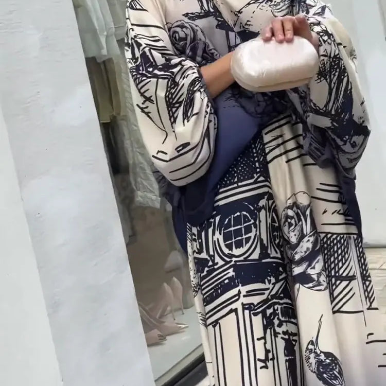 Elegant Satin Blue Print Pants 2 Piece Sets Women Fashion lantern Sleeves Shirt Wide Leg Pant Suits Loose Causal Streetwear