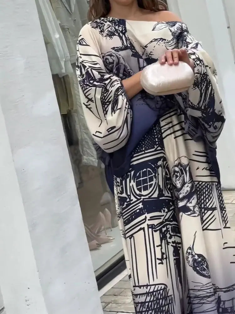 Elegant Satin Blue Print Pants 2 Piece Sets Women Fashion lantern Sleeves Shirt Wide Leg Pant Suits Loose Causal Streetwear