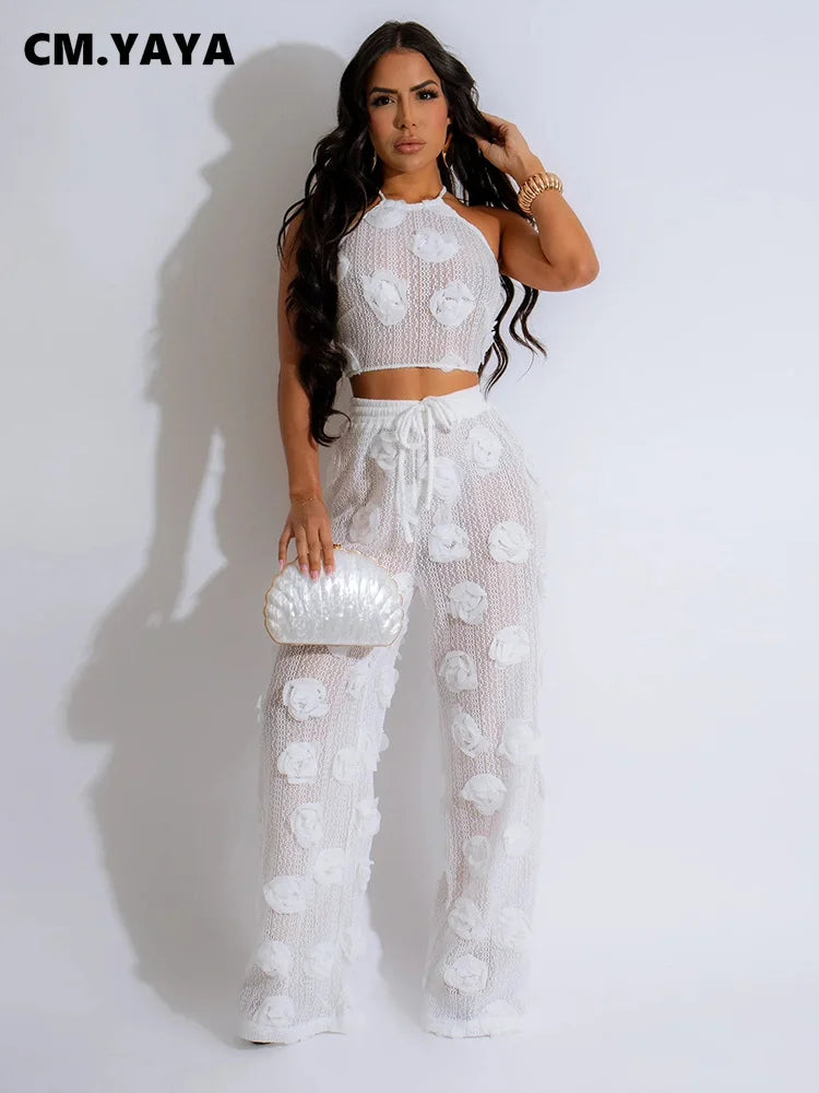 CM.YAYA Women Set 3D Flower Sleeveless Strap Tops +Wide Leg Pants Two 2 Piece Sets Outfit Perspective Summer Sexy Streetwear