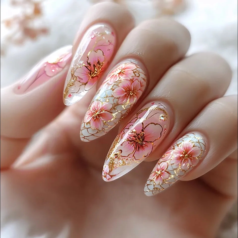24pcs/set Medium long fake nails Swan fish flowers for summer season gradient almond square ballet tips press on false nails 2395