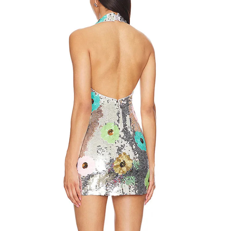 Luxury Women Celebrity Sexy Backless Halter Leaf Mesh Sequins Mini Gowns Dress 2025 Elegant Evening Party Club Vestido