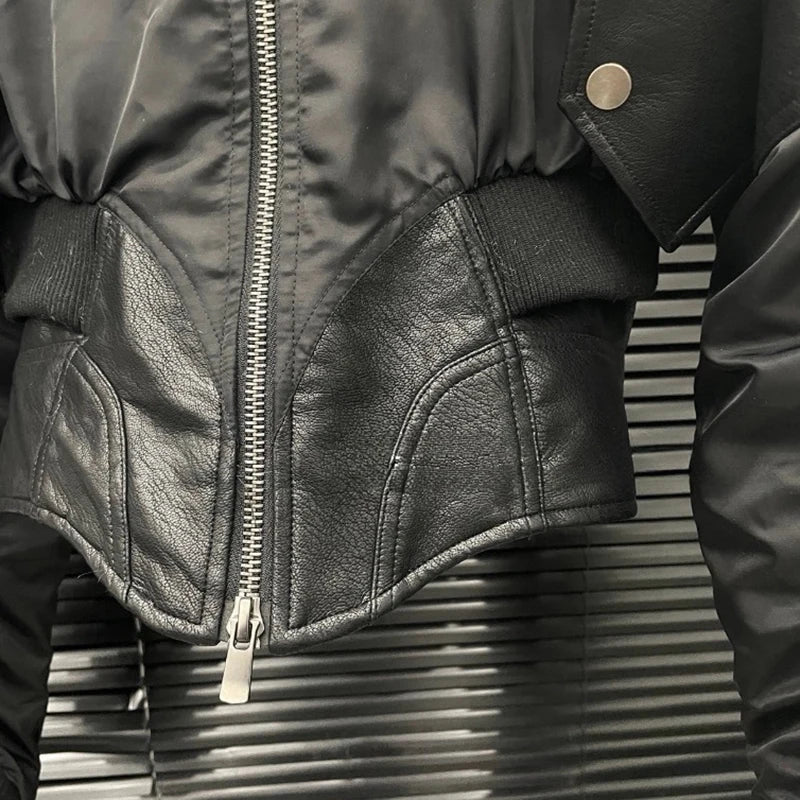 Autumn Winter New Patchwork Leather Waist-Cinching Cotton Jacket For Women Elegant Fur Collar Short Coat 11A07569