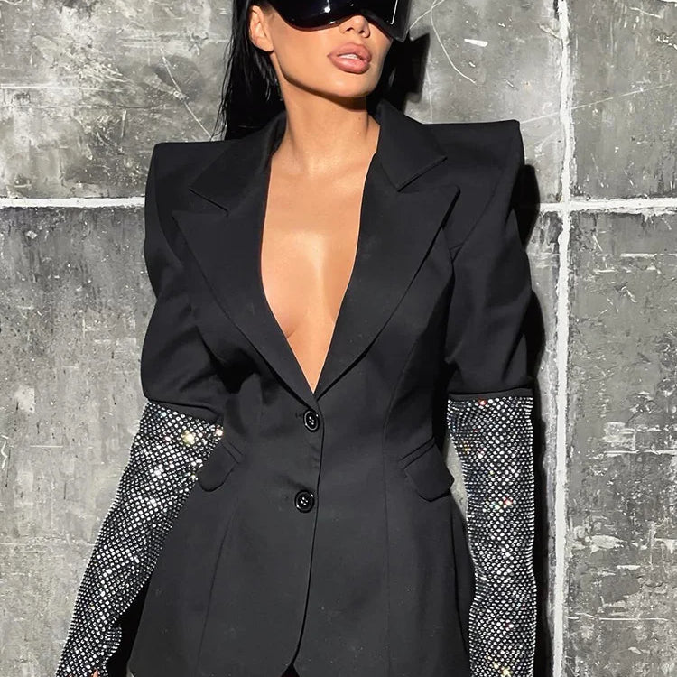 VC Black V Neck Long Sleeves Blazer With Rhinestones Embellished Cuff Crystals Patchwork Slim Jacket Single Breasted Coat