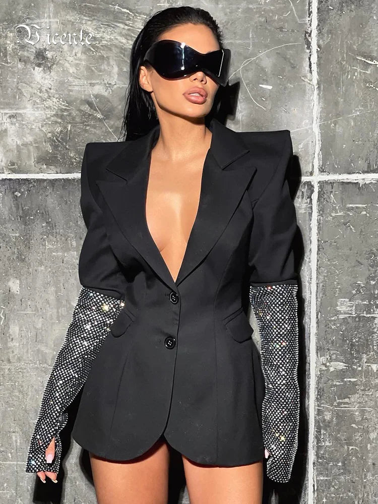 Black V Neck Long Sleeves Blazer With Rhinestones Embellished Cuff Crystals Patchwork Slim Jacket Single Breasted Coat