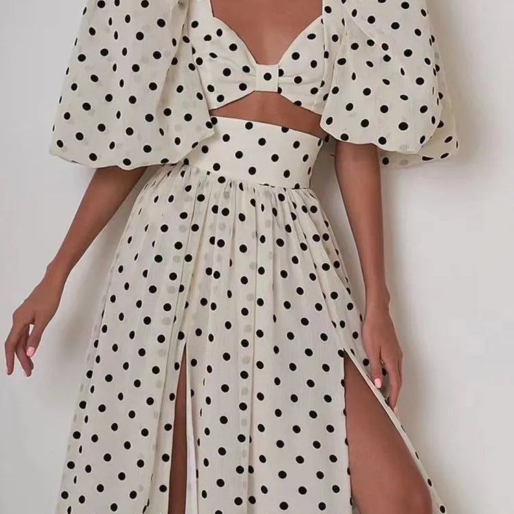 elegant Polka dot two piece sets square collar puff sleeve tops high waist split skirt chic set female fashion 2023