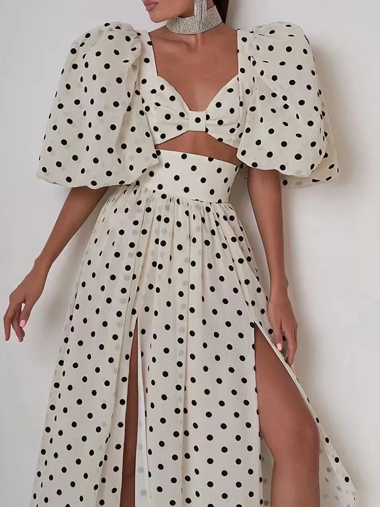 elegant Polka dot two piece sets square collar puff sleeve tops high waist split skirt chic set female fashion 2023