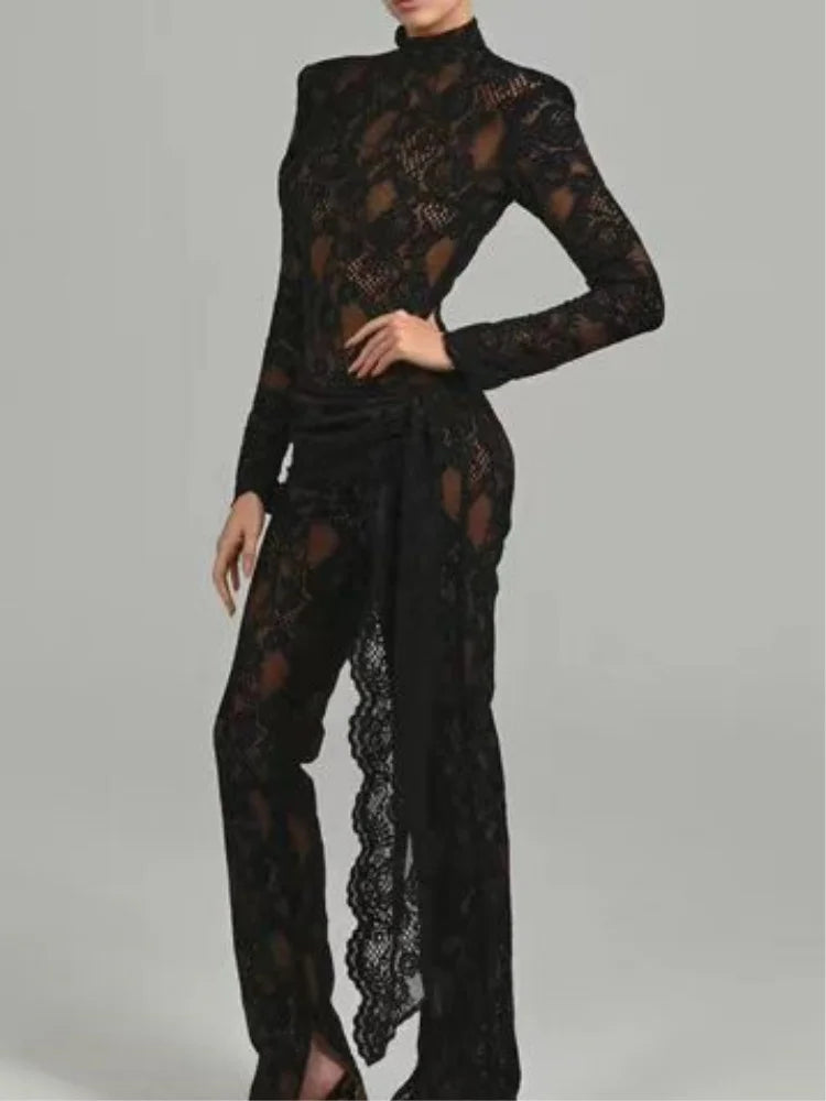 Black White Color Women Long Sleeve Sexy Lace Bodycon Jumpsuit Draped Celebrate Nightclub Party Bar Singer Stage Wear