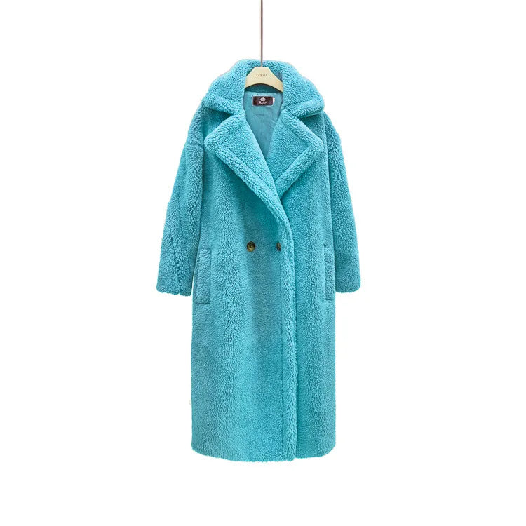 New Winter Coat Women Wool Sheep Shearing Faux Fur Warm Coat Women's Medium Long Large Grain Lamb Wool Thick Teddy Bear Outwear Lake Blue