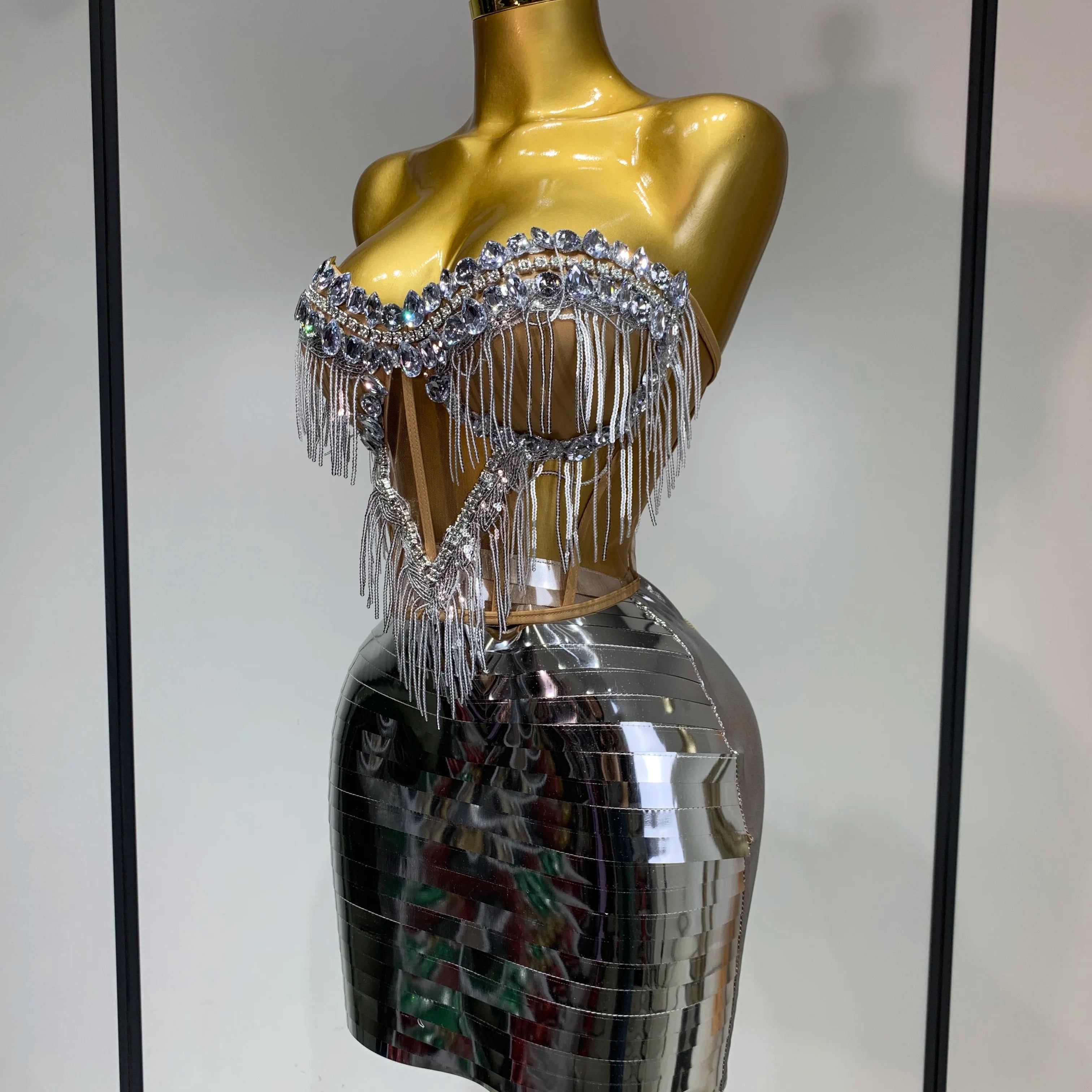 Sparkly Sliver Rhinstones tassels Top Skirt Two Piece Set Women Sexy Strapless Nightclub Birthday Evening Party Stage Outfit