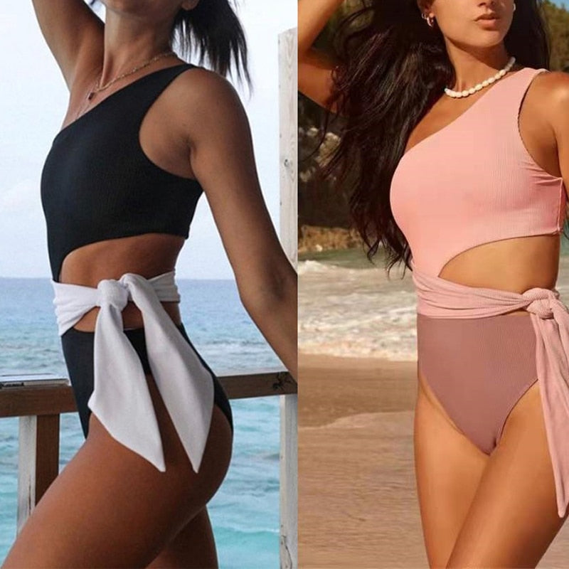 Plain One-Shoulder Midriff Outfit Strap Bikini Set
