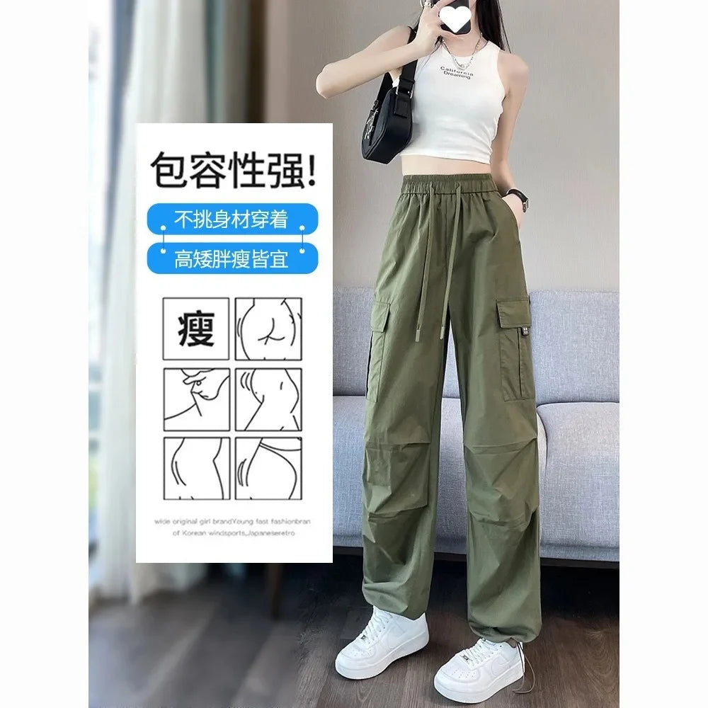 Vintage Retro Solid Women Cargo Pants Quick Dry Spring Summer Elastic Waist Casual Streetwear Straight Trousers green