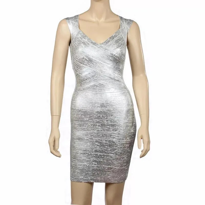 Plus Size Gold Silver Foil Color Women Sleeveless Sexy Bandage Bodycon Mini Dress Celebrity Show Red Carpet Evening Party Dress