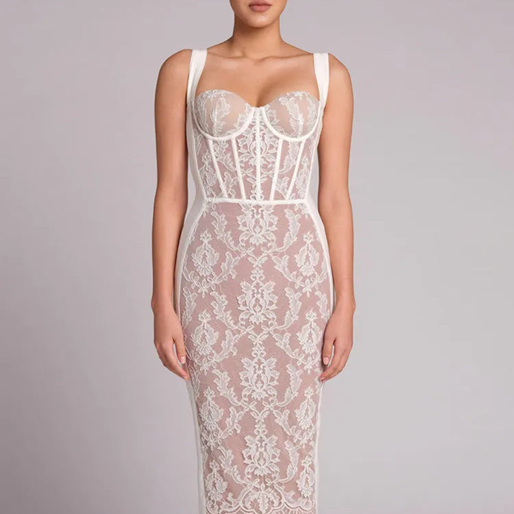 Women Summer Sexy Sleeveless Black Beige White Lace Midi Gowns Bandage Dress Elegant Celebrity Evening Party Club Dress