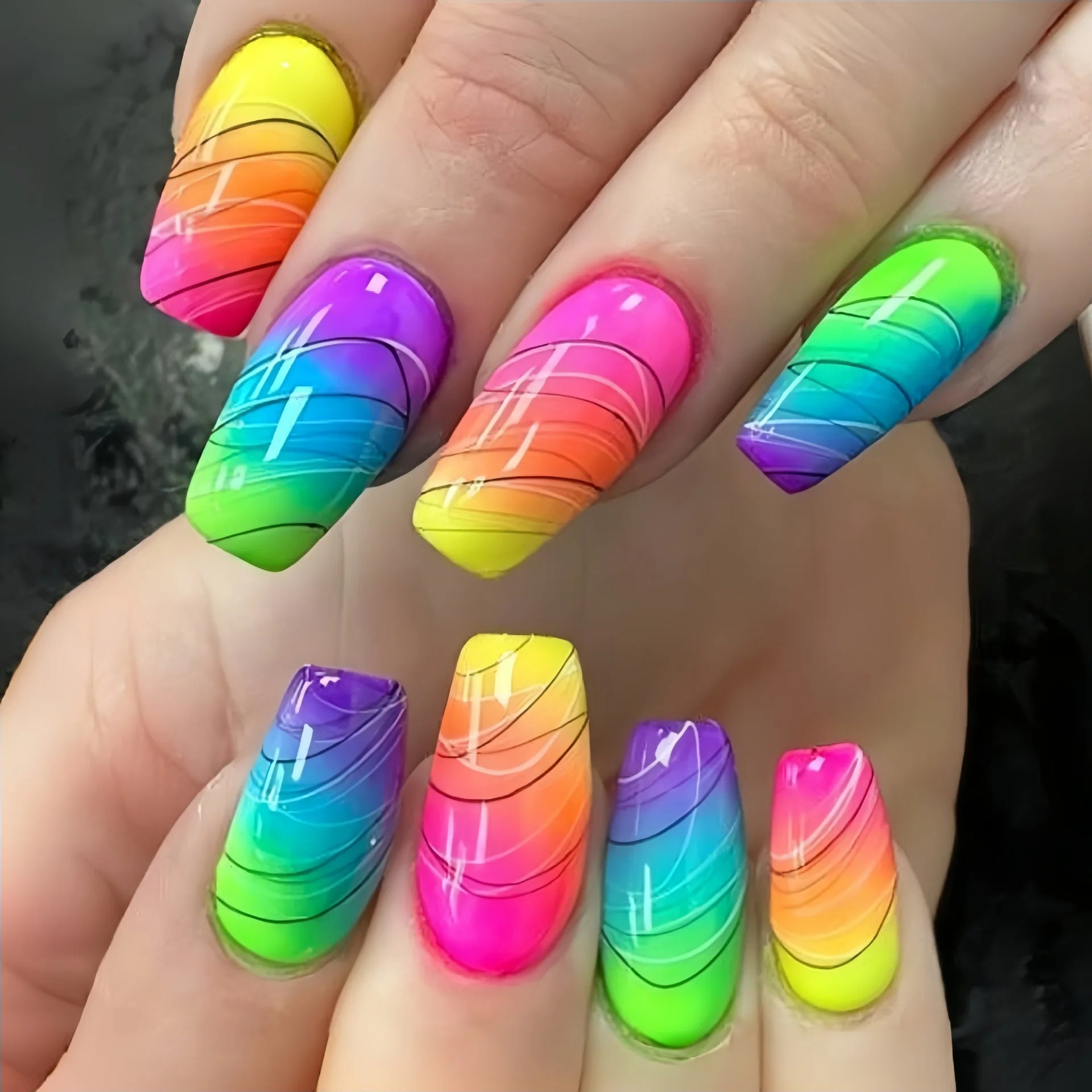 24pcs/set Medium long fake nails Gradient blue ocean fish sun flowers butterfly square ballet summer tips press on false nail 2362