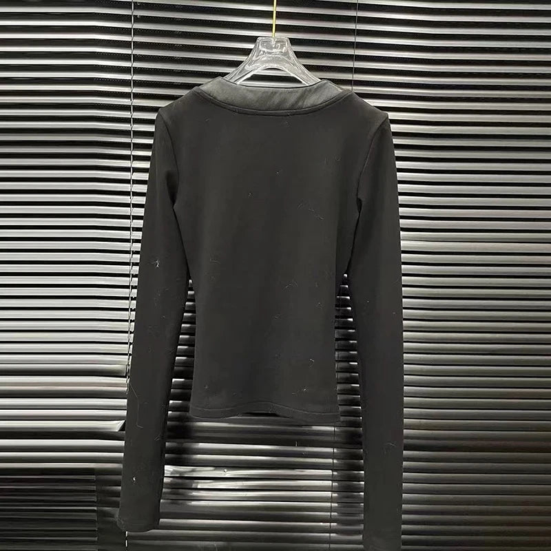 Autumn Winter New Handmade Button Decorated T-Shirt For Women Casual Fashion Versatile Base Layer V-Neck Top 11A07904