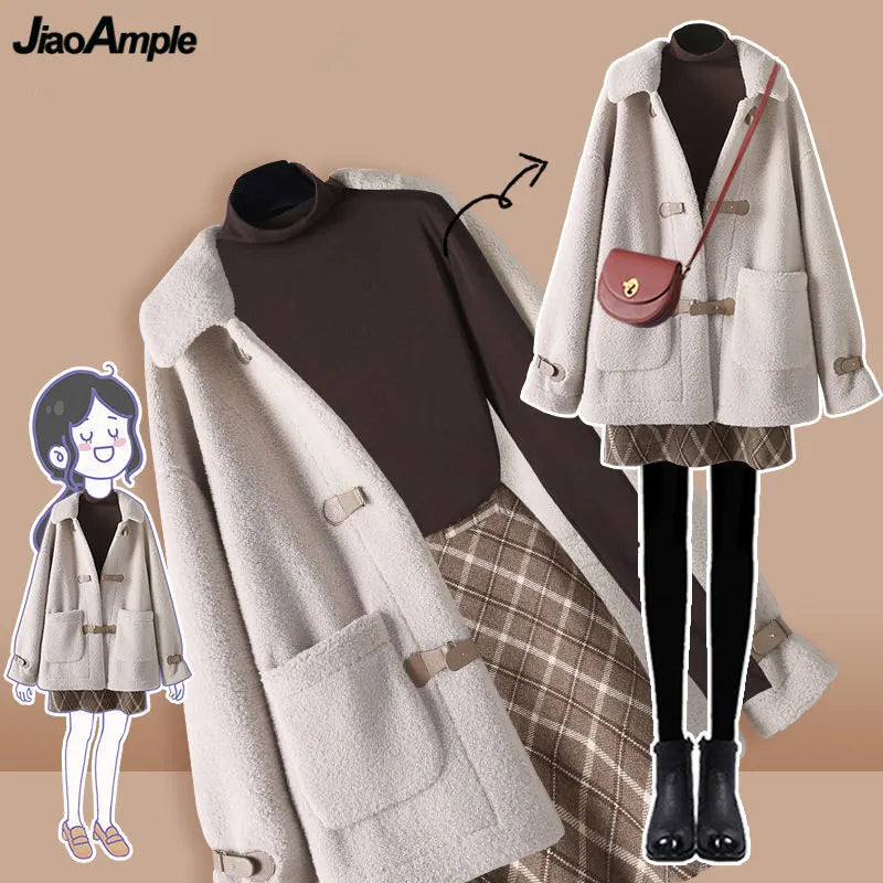 Women's Otoño Invierno de cordero abriles de plaid faldas de fondo de 1 o 3 piezas Set Coreano Lady Graceful Outfits Preppy Style Trits