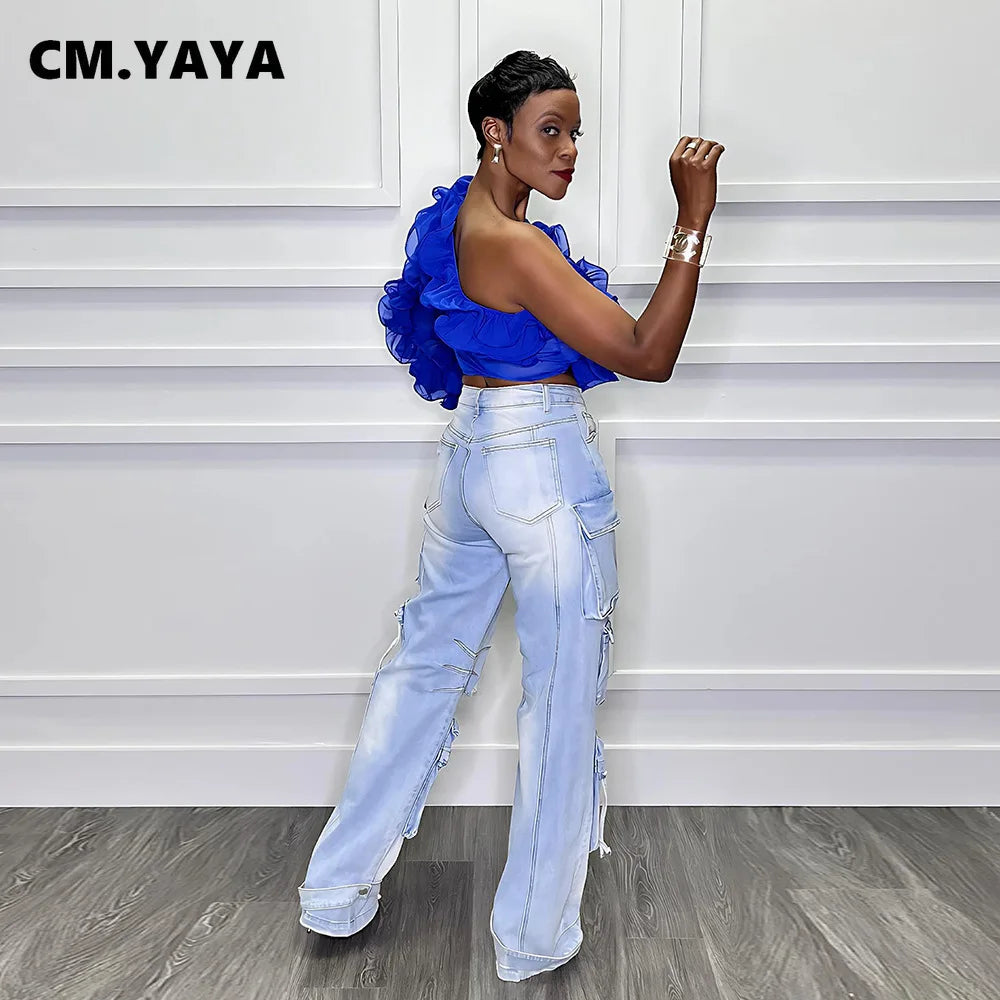 Women Ruffles One Sleeve Skew Collar Tunic Blouse and Shirt Tops 2024 Summer Streetwear Night Club Party Beach Tops