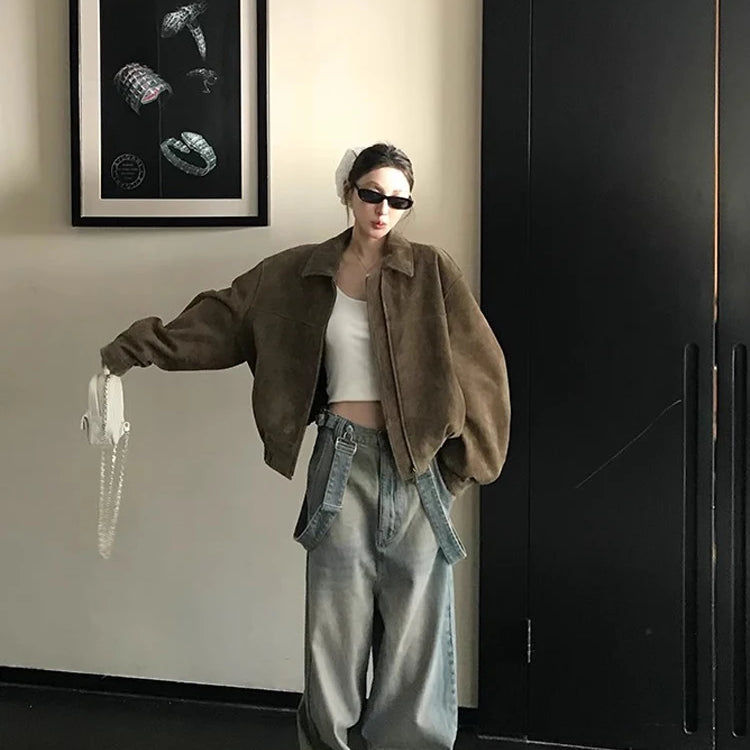 Lautaro Spring Autumn Cool Oversized Faux Suede Leather Jacket Women Turn-down Collar Luxury Designer American Retro Clothing camel