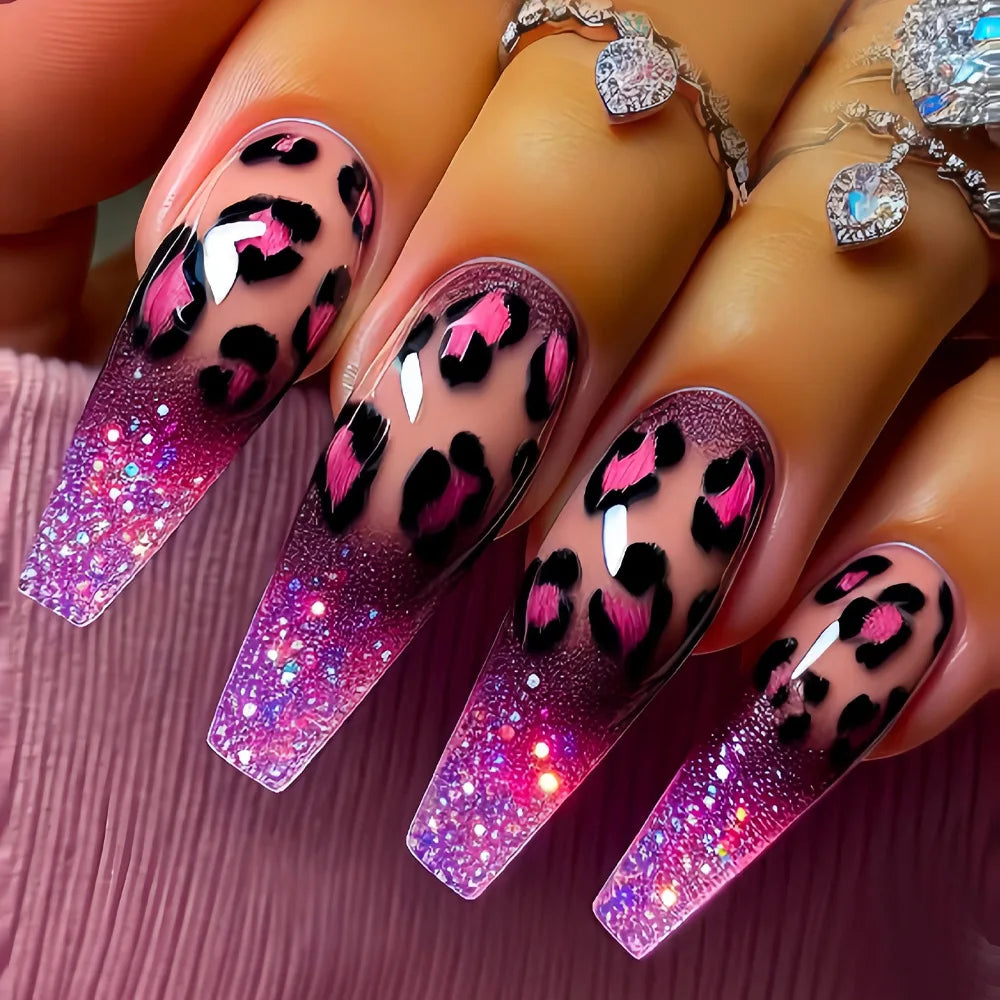 Medium long fake nails for women girls Y2K colorful gradient leopard print Pink green coffee coffin tips press on false nail set 2301