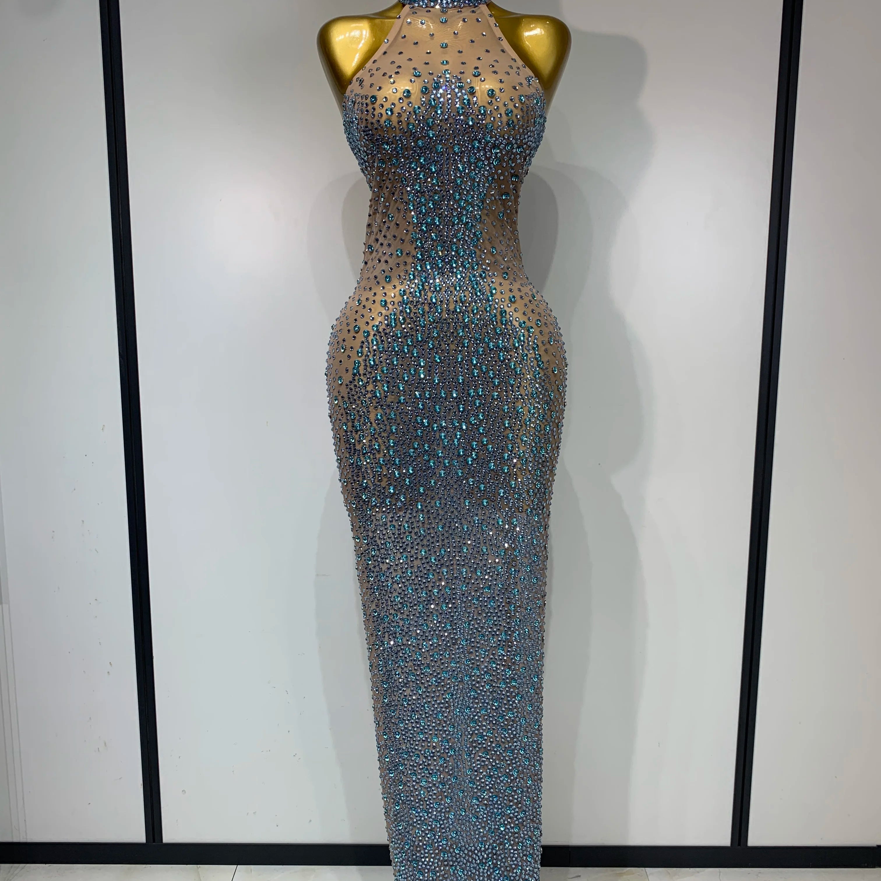 Women Luxury Birthday Celebrate Dress Dancer Party Show Stage Outfit 2025 Sparkly Rhinestone Elastic Mesh See Through Long Dress SKY BLUE