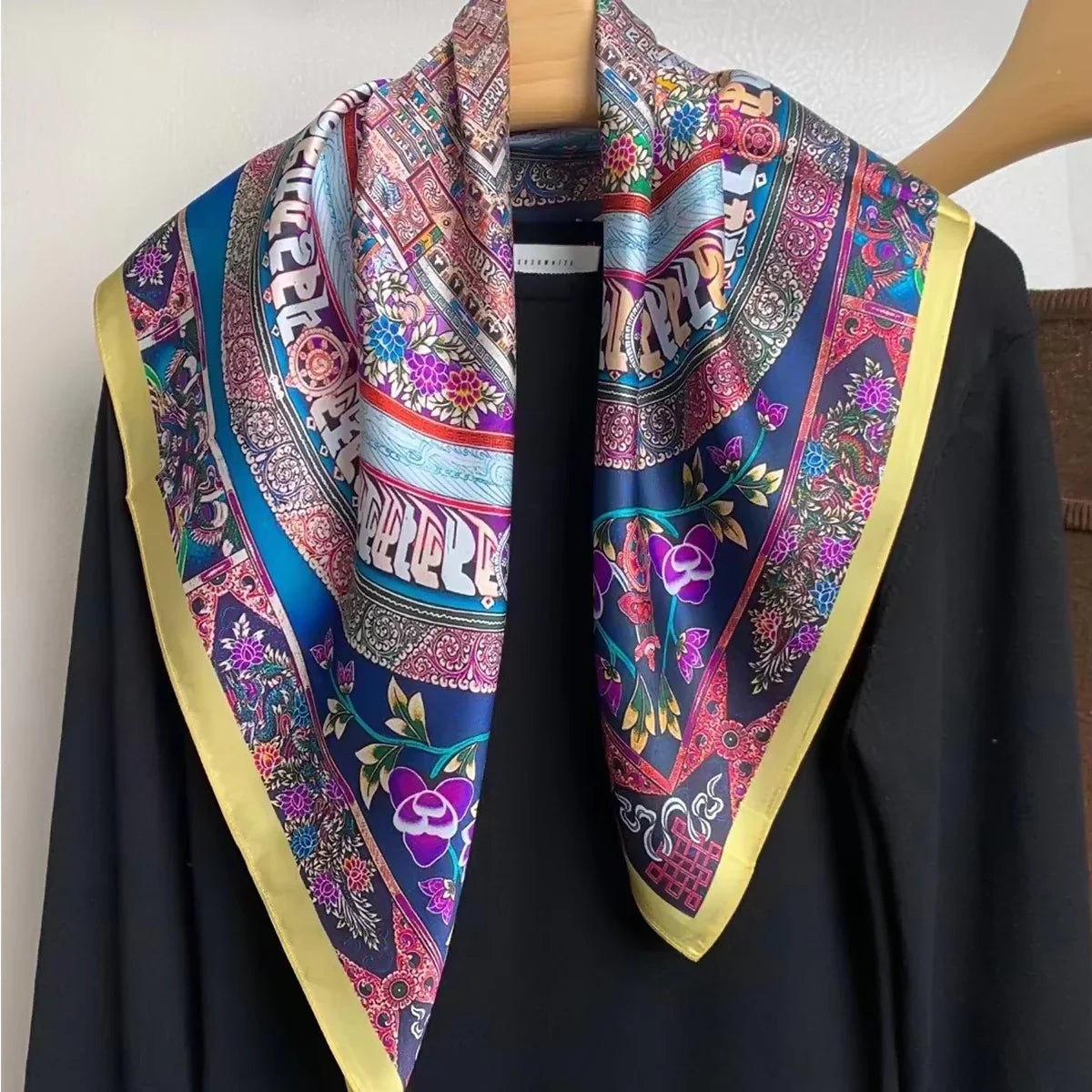 BYSIFA| New Grey Blue Silk Scarf Fashion Floral Design 70cm Square Scarves Fall Winter Neck Scarf Hijab Sweet Headband 65*65cm hot pink