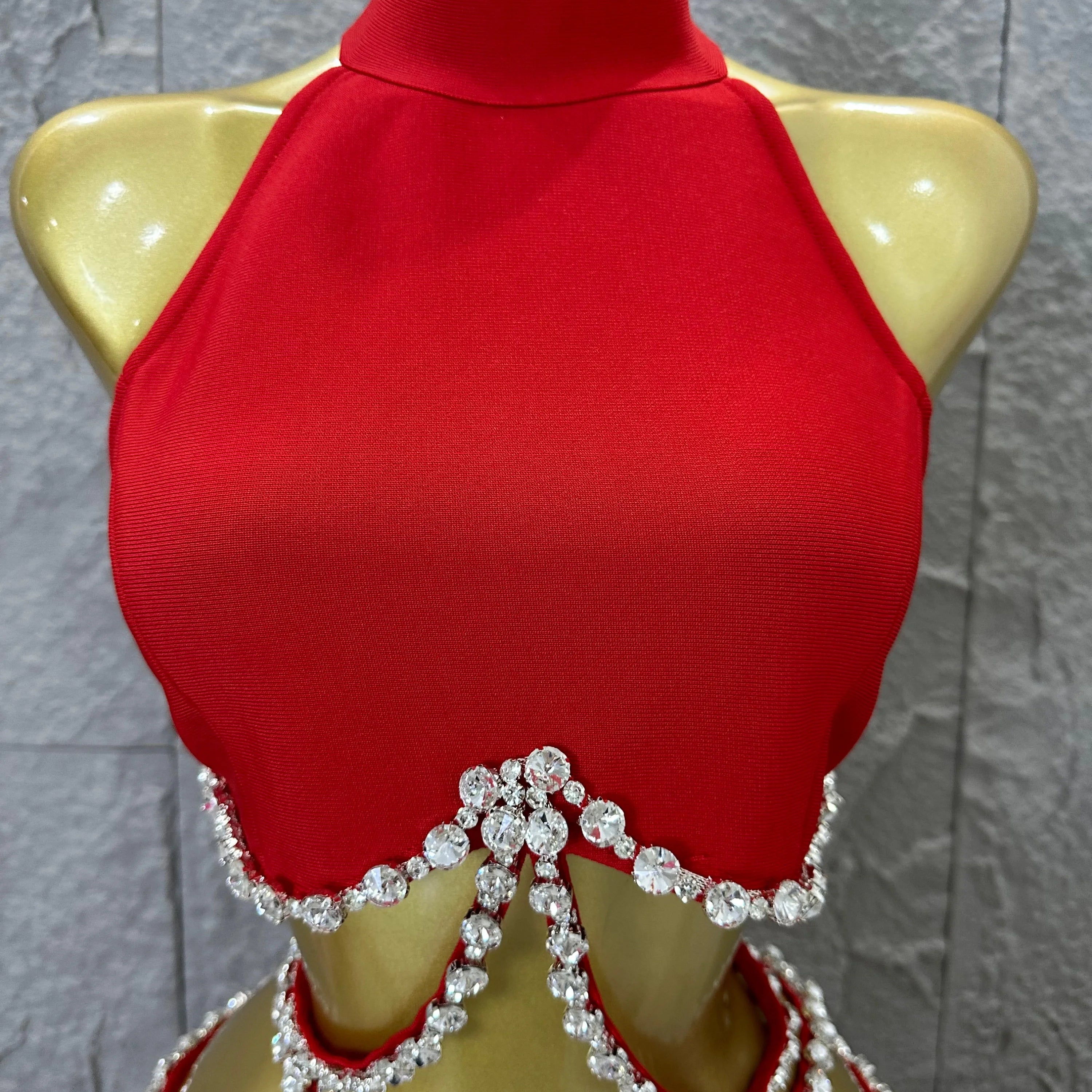 Luxurious Red Two Piece Set Women Sexy Halter Neck Crystal Cutout Crop Top Flare Pants Outfit Stage Performance Costume