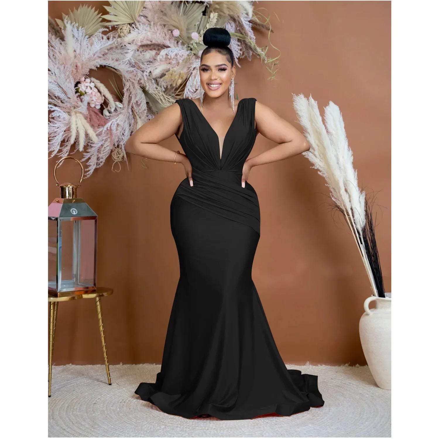 Women Draped Waist Shoulder Sleeveless Deep V-neck Maxi Long Trumpet Mermaid Dress 2023 Club Sexy Party Evening Dresses black