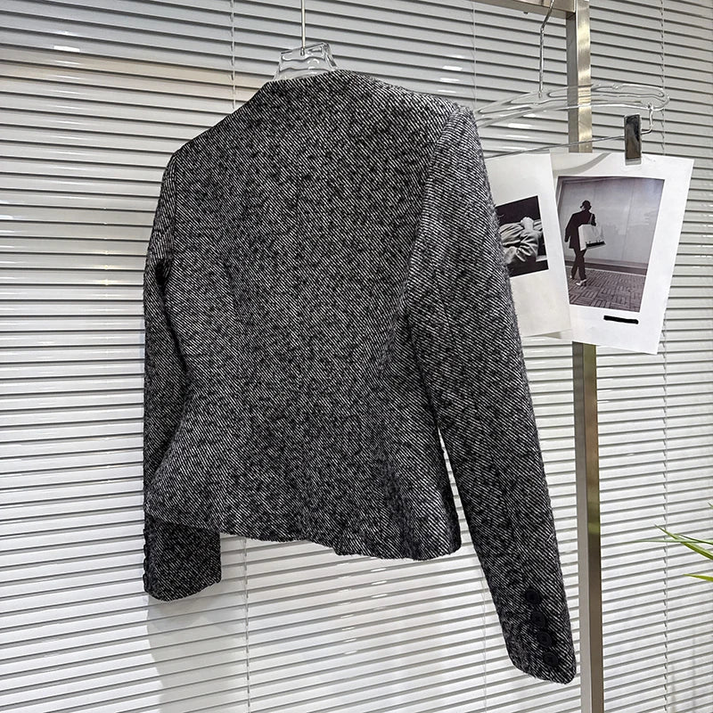 Winter New High-End Diagonal Button Woolen Cotton-Padded Short Coat For Women Black A-line Skirt Female 11A07682