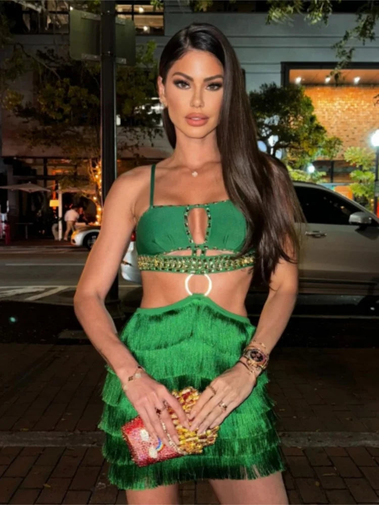 2024 New Green Color Women Sexy Strap Bodycon Mini Bandage Dress Tassels Shinning Crystal Nightclub Party Celebrate Dress